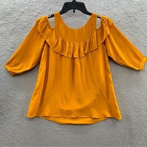 Anthropologie Maeve Women Mustard Yellow Cold Shoulder Ruffle Blouse Top Size 4